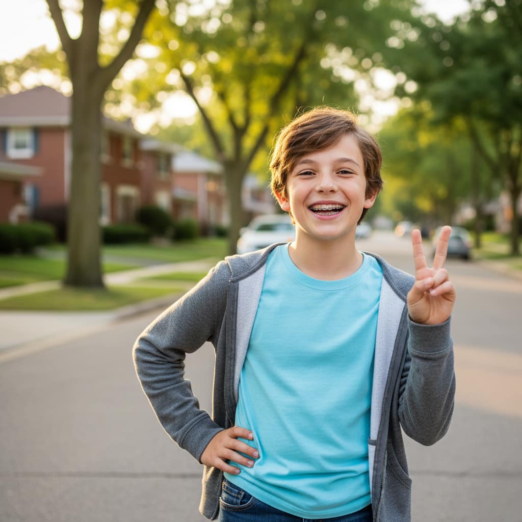 Confident child with braces smiling and making peace sign